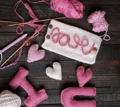 Amazing valentine background in pink colour, symbol of heart, i love you message, rose flower, all gift make handmade, knit from yarn, Valentines day on feb 14 is romantic day for love