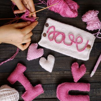 Amazing valentine background in pink colour, symbol of heart, i love you message, rose flower, all gift make handmade, knit from yarn, Valentines day on feb 14 is romantic day for love