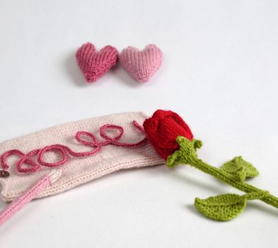 Amazing valentine background in pink colour, symbol of heart, i love you message, rose flower, all gift make handmade, knit from yarn, Valentines day on feb 14 is romantic day for love