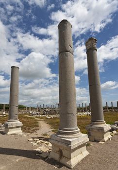 Three Columns Being Restored at the Ruins of Perga in Turkey