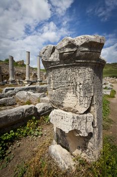 Ruins of Column with Greek Text at Perga in Turkey