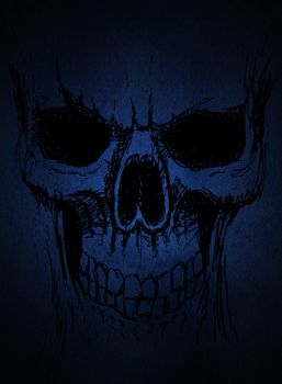 hand drawing of skull hand drawn on dark blue paper , made for Halloween day