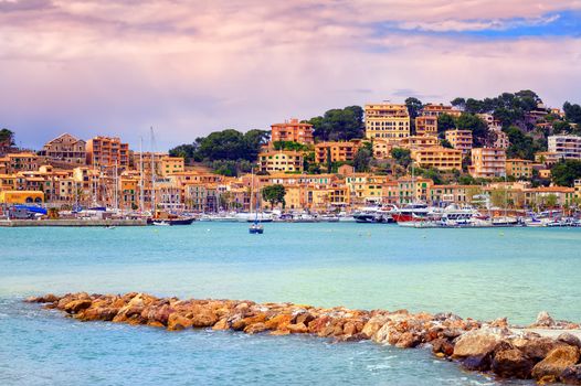 Harbour of Puerto Soller on the northern coast of Mallorca on sunset, Spain