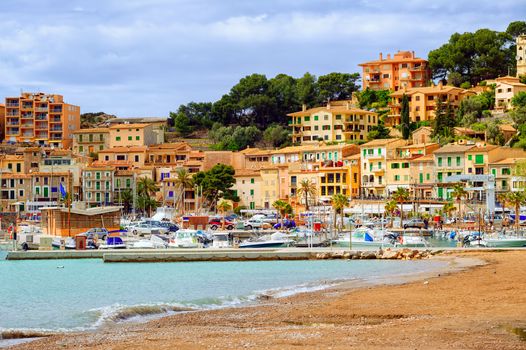 Mediterranean beach in the marina of Port Soller, Mallorca, Spain
