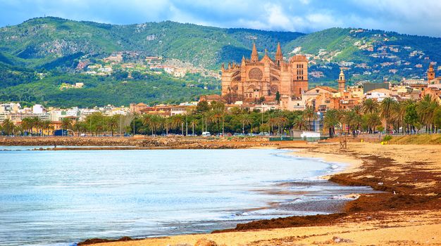 Panoramic view of Palma beach with La Seu cathedral in background, Mallorca, Spain