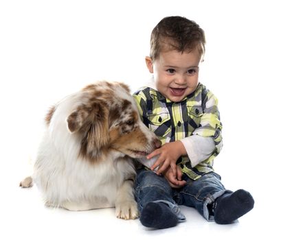 little boy and dog in front of white background