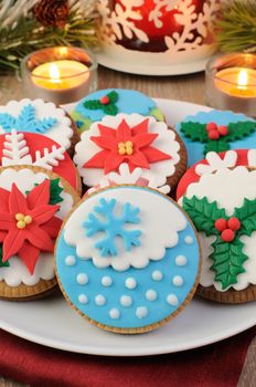 cookies decorated with marzipan on the Christmas theme