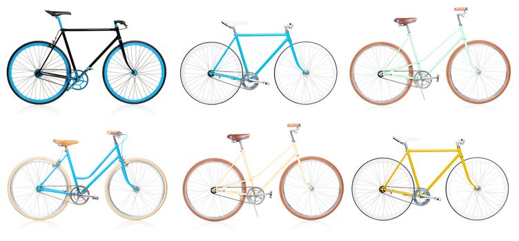 Collection of stylish colorful hipsters bicycle isolated on white background