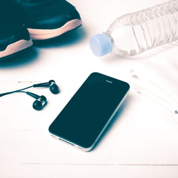 fitness eqiupment:running shoes,water bottle,towel,smart phone vintage style