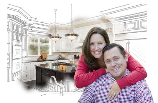 Happy Couple With Kitchen Design Drawing and Photo Behind.