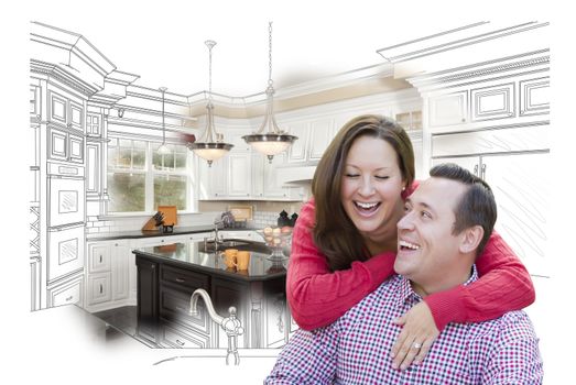 Happy Laughing Couple With Kitchen Design Drawing and Photo Behind.