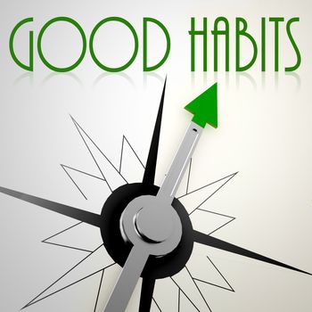 Good Habits on green compass. Concept of healthy lifestyle