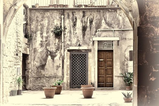 Courtyard in the Sicilian City of Piazza Armerina, Retro Image Filtered Style 