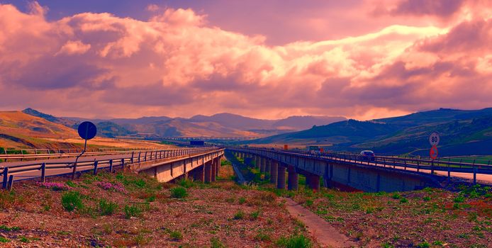 Highway on the Island of Sicily in Italy at Sunset