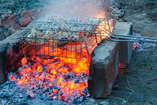 Pieces of chicken baked on coals in a campfire clamped on a makeshift gridiron grill bricks