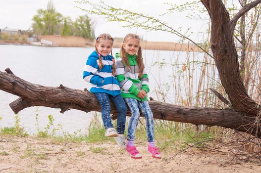 Girls in cool weather sit on a fallen tree on the bank of the river and the smiling face in the frame
