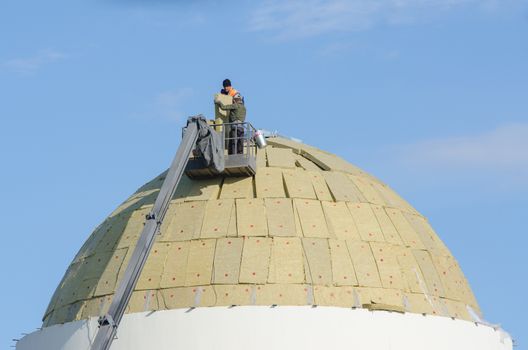 Solodniki, Russia - May 13, 2015: Reconstruction of the Church of Our Lady of Kazan in the village Solodniki Astrakhan region