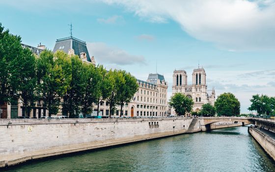Notre-Dame cathedral and the river Seine in Paris, France. Film emulation filter applied.