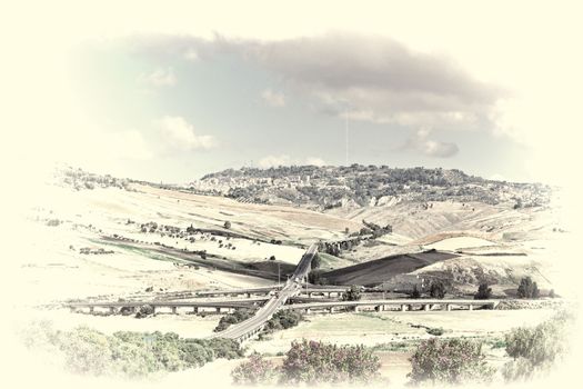 Interchange of Two Highways in Sicily, Retro Image Filtered Style