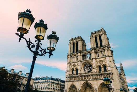 Notre-Dame cathedral and a street lamp in Paris, France. Film emulation filter applied.