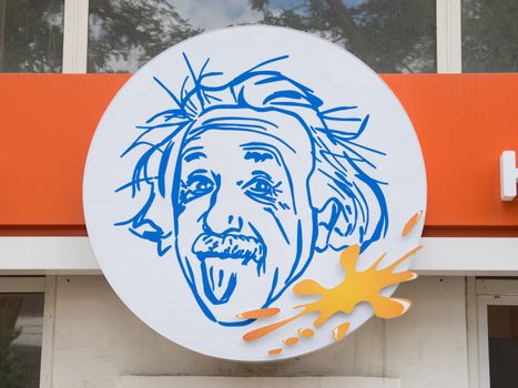Volgograd, Russia - August 31, 2015: The logo above the entrance to the Museum of entertaining science Einstein, located at Volgograd avenue named after VI Lenin House 70