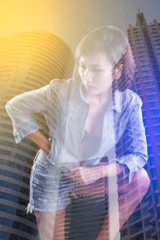 Double exposure of Asian lady and building skyscraper - nightlife