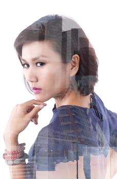 Double exposure of Asian lady and building skyscraper - lifestyle in city concept