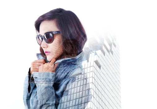 Double exposure of Asian lady and building skyscraper - lifestyle in city concept