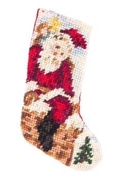 Christmas cross stitch stocking on white background