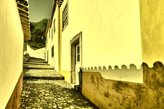 Street in the Medieval Portuguese City of Obidos, Retro Image Filtered Style
