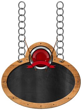 Empty oval blackboard with wooden frame and symbol for an Asian menu. Hanging from a metal chain and isolated on white