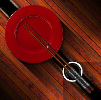 Template for an Asian menu with chopsticks, red plate and a bowl of sauce. On a wooden background with diagonal black band