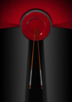 Template for an Asian menu with wooden and silver chopsticks and red plate. On a red, black and grey background