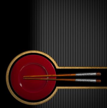 Template for an Asian menu with wooden and silver chopsticks and red plate. On a yellow, black and grey background 