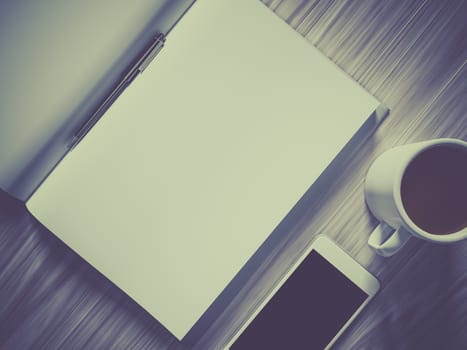 High angle view of a setting table of business workplace, shot in office, home work space