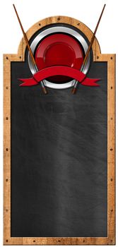 Empty blackboard with wooden frame and symbol with red plate, wooden chopsticks and empty red ribbon. Template for an Asian Menu