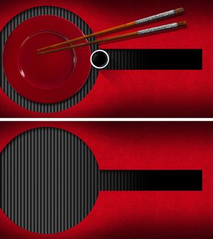 Template for a business card for an Asian restaurant (front and back) with red plate, silver and wooden Chopsticks, a bowl of sauce