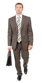 Businessman with suitcase looking at camera on isolated white background