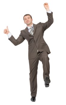 Businessman standing on one leg on isolated white background