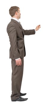 Businessman with raised arm on isolated white background