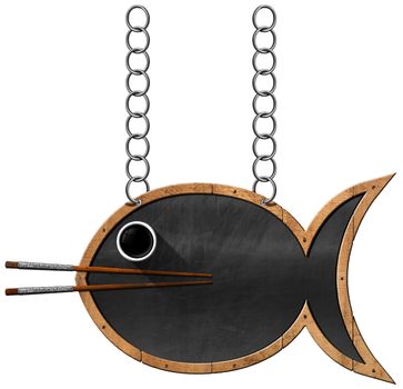 Blackboard with wooden frame in the shape of fish, chopsticks and a bowl of sauce. Template for a sushi or Asian seafood menu