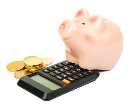 Piggy bank with coins and calculator on isolated white background