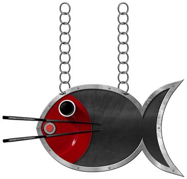 Blackboard with metal frame in the shape of fish, chopsticks, sushi roll, bowl of sauce and red plate. Template for a sushi menu