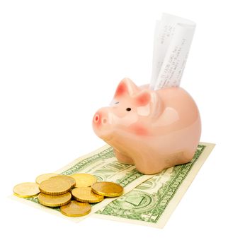 Piggy bank with bills and dollars on isolated white background