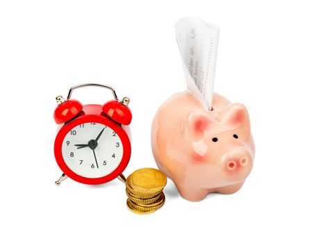 Piggy bank with coins and alarm clock on isolated white background