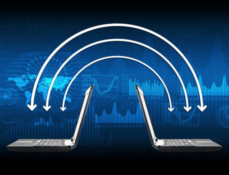 Black laptop with arrows and graphs on blue background