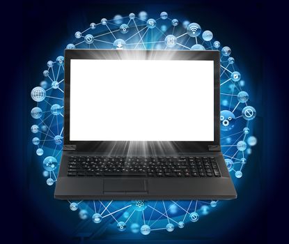 Black laptop with blank screen and computer icons on blue background