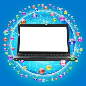 Laptop with blank screen on blue background with comtuter icons