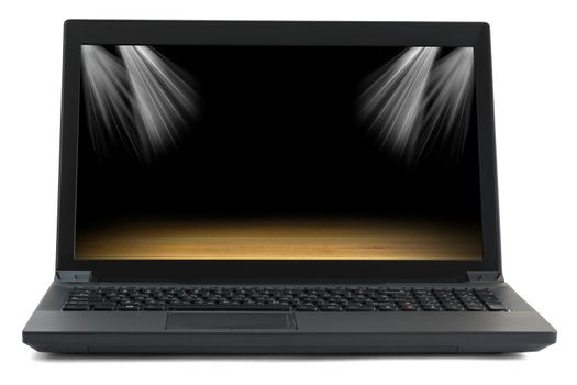 Black laptop with picture of stadium on isolated white background