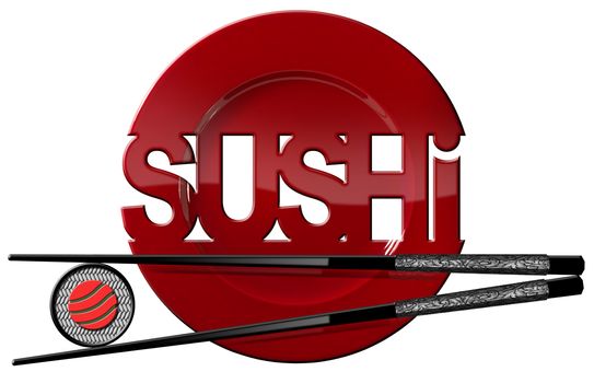 Sushi symbol with red plate, sushi roll, black and silver chopsticks and text Sushi. Isolated on white background